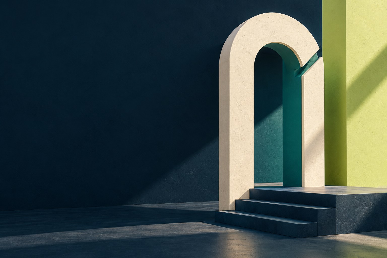 An ivory arch with a notched edge, teal steps and a lime wall